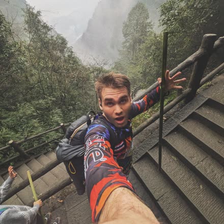 Climbing mountain steps in the mist